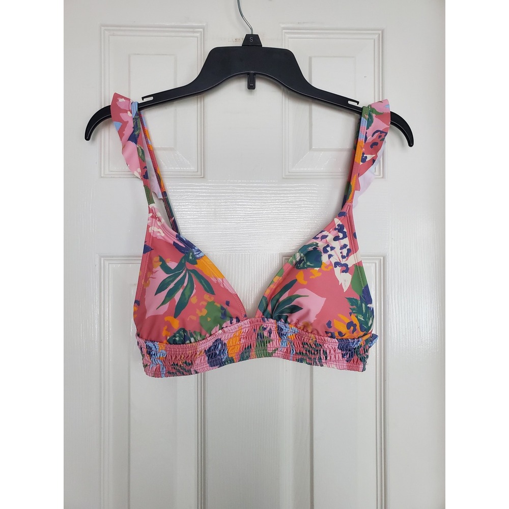 True Craft Bikini Top Pink Floral Ruffle Smocked Triangle Swimwear Large